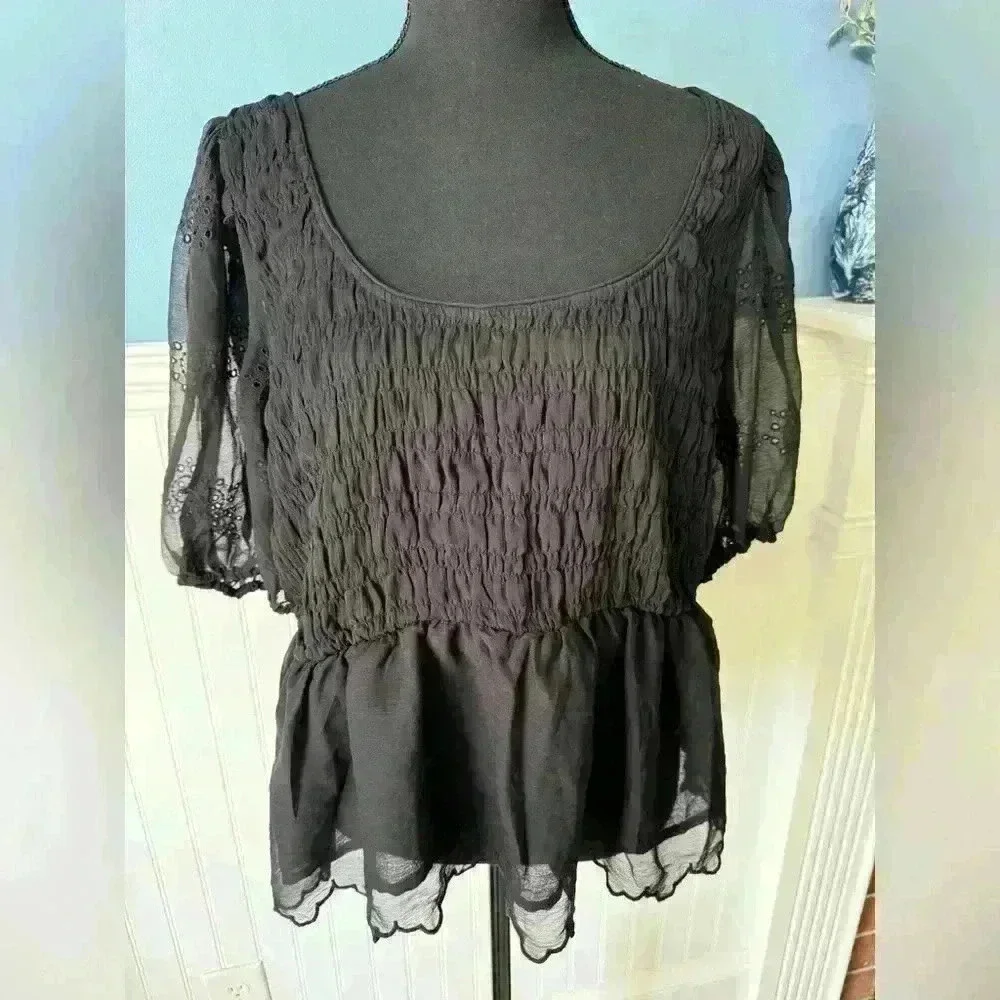 NWT Old Navy Chiffon Smocked Puffed Sleeve Top ~ Black ~ XL